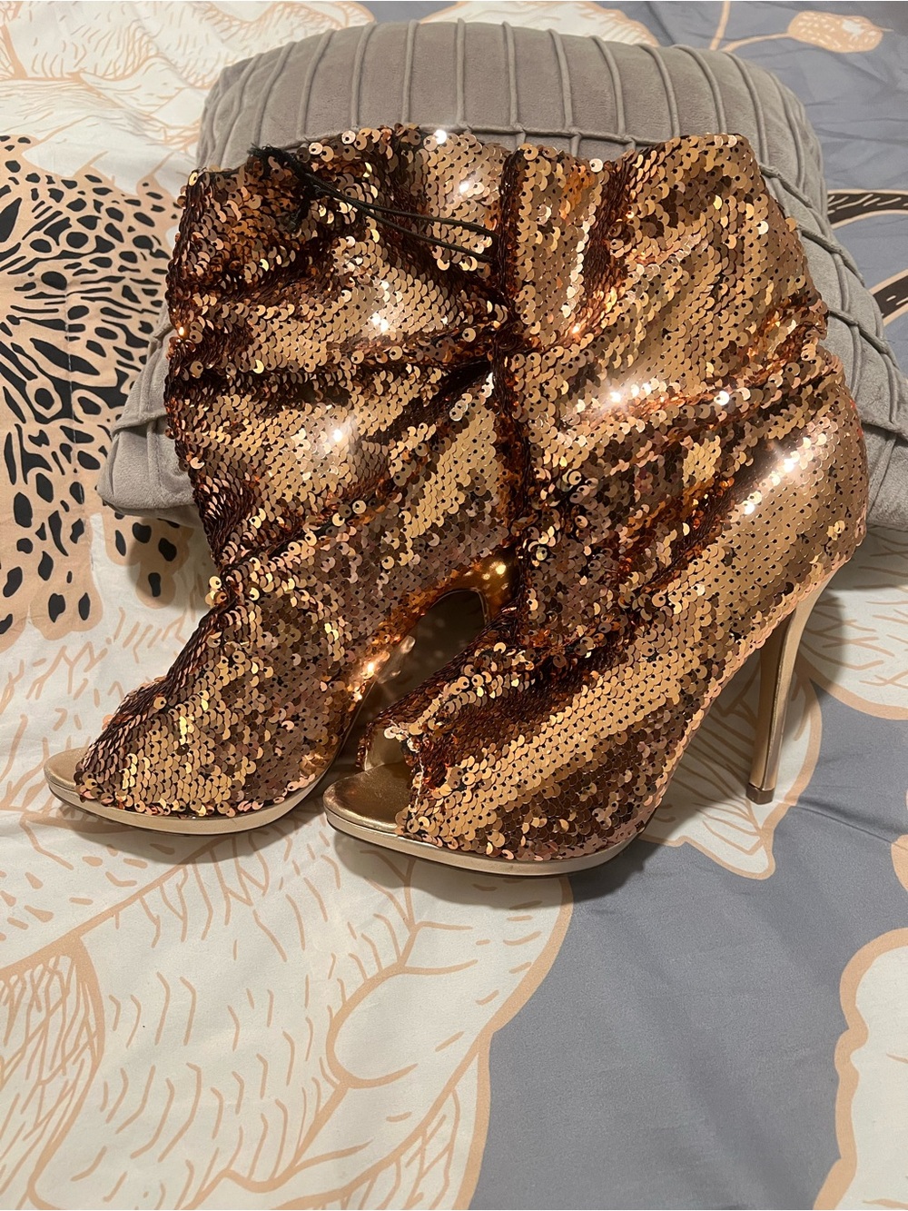 Rose Gold Sequin Peep-Toe Ankle Booties